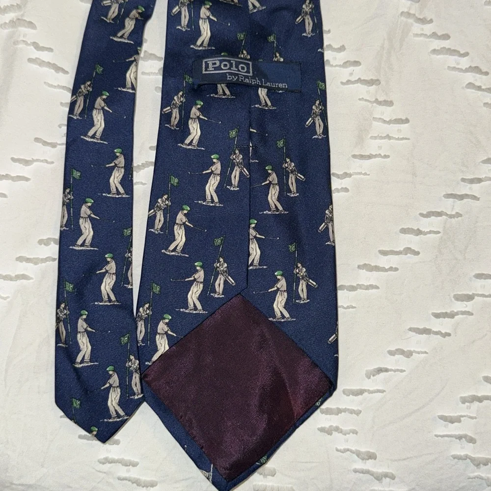 EUC Vintage Polo by Ralph Lauren Golfer Caddie 100% Silk Golf Tie Navy Green 4